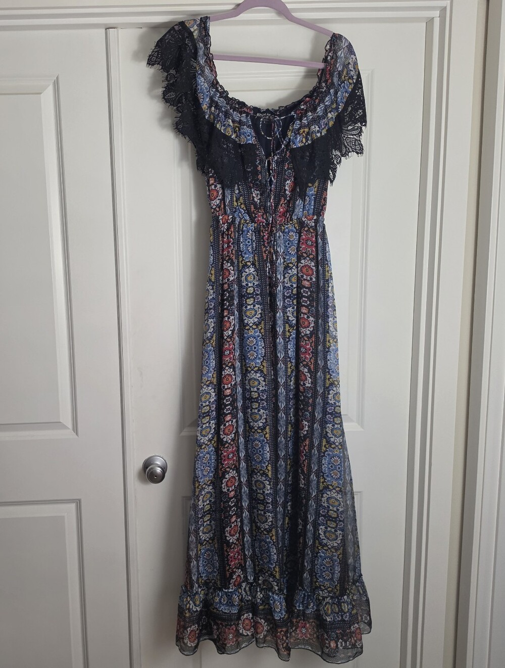 Nasty Gal Navy Multi Floral Lace-Trim Maxi Dress